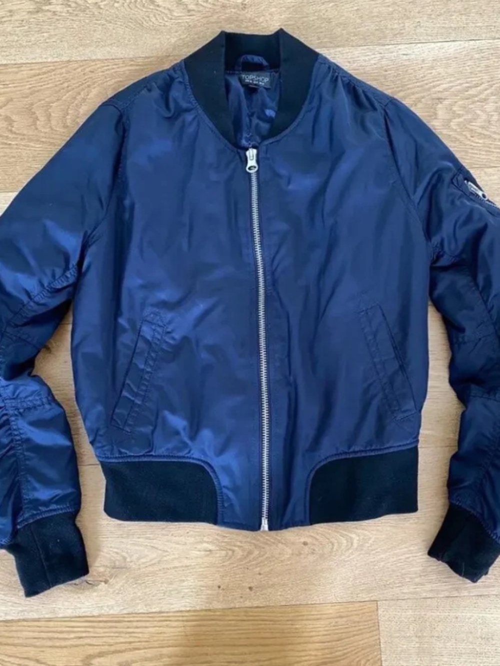Topshop Satin Bomber Jacket in Navy Blue and Black - Size 8
